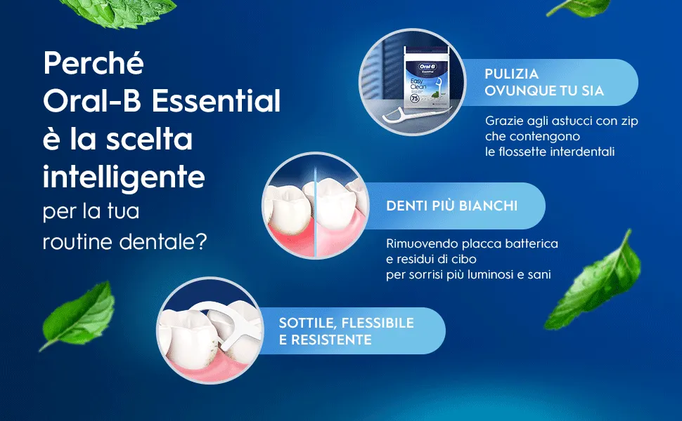 Oral-B Easy Clean mint floss picks package with text about plaque removal in Italian 