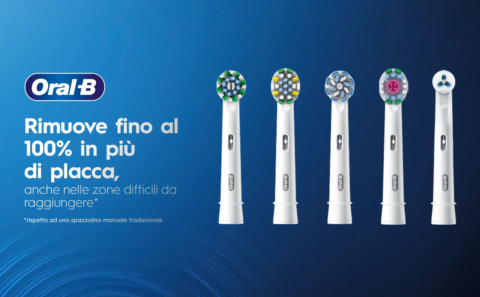 Cinque diverse testine Oral-B con testo sulla rimozione della placca a sinistra.