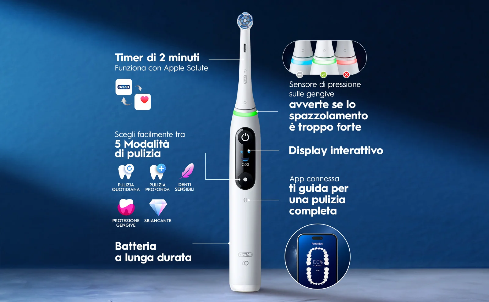 Spazzolino elettrico con timer, sensore pressione, display e app connessa per pulizia completa. 