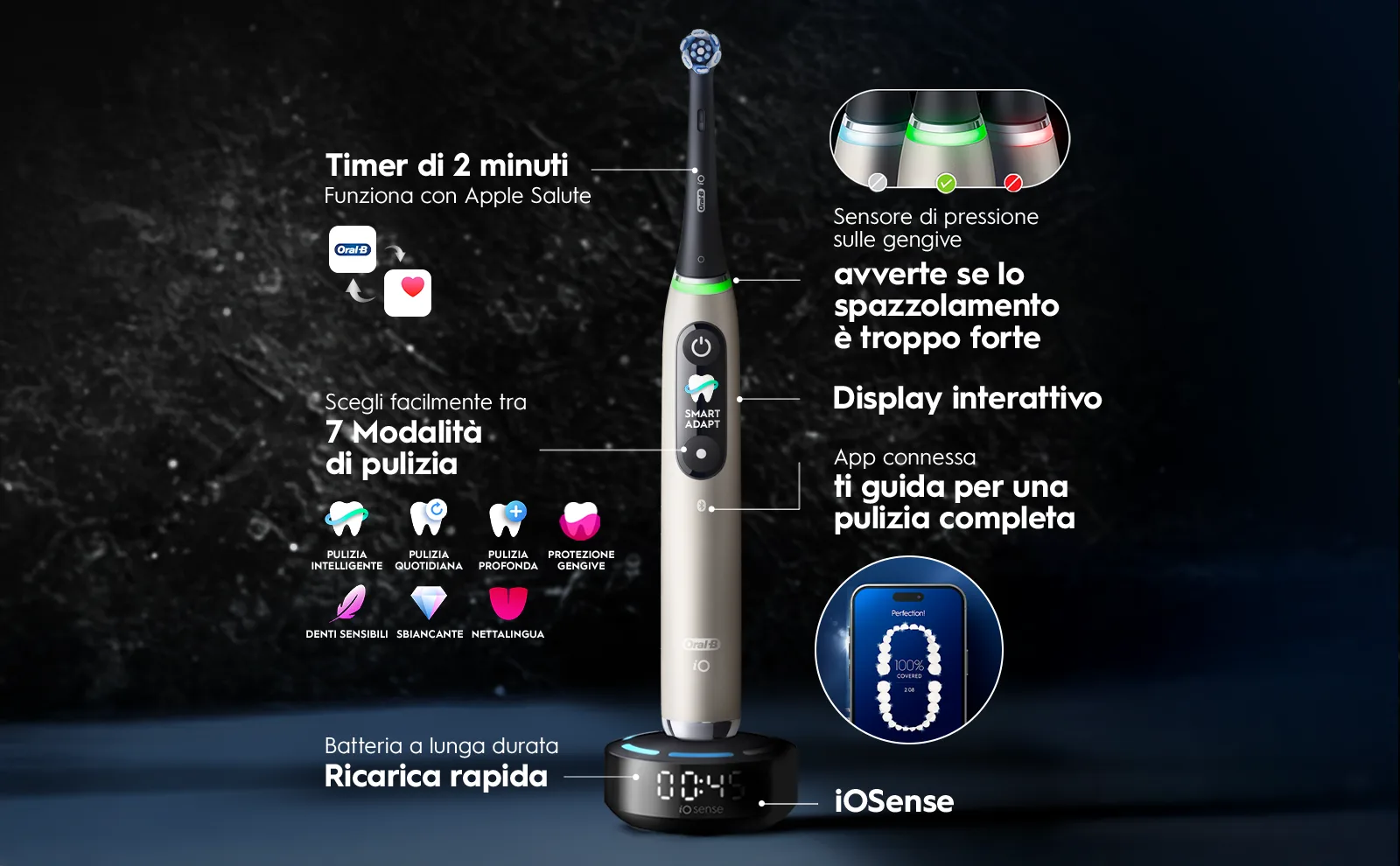 "Spazzolino iOSense: 7 modalità, sensore pressione, display interattivo e app connessa." 