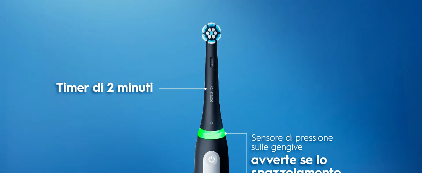 Spazzolino elettrico con timer di 2 minuti e sensore di pressione sulle gengive su sfondo blu 