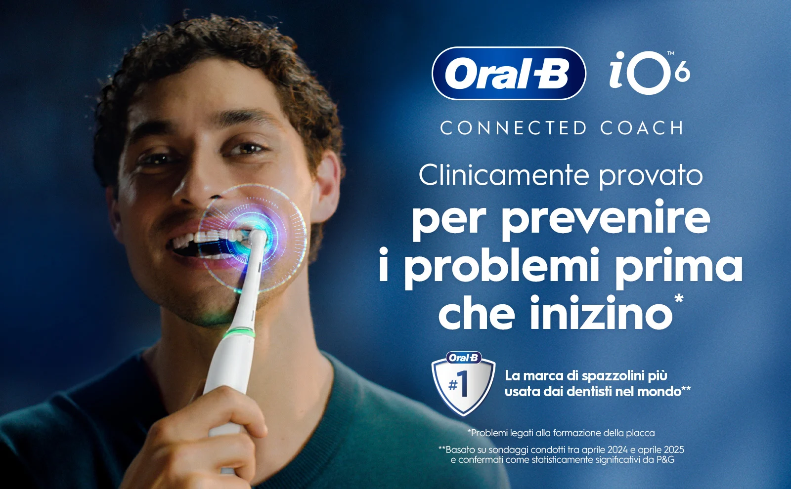 Pubblicità Oral-B iO6: persona usa spazzolino elettrico per prevenire problemi dentali 