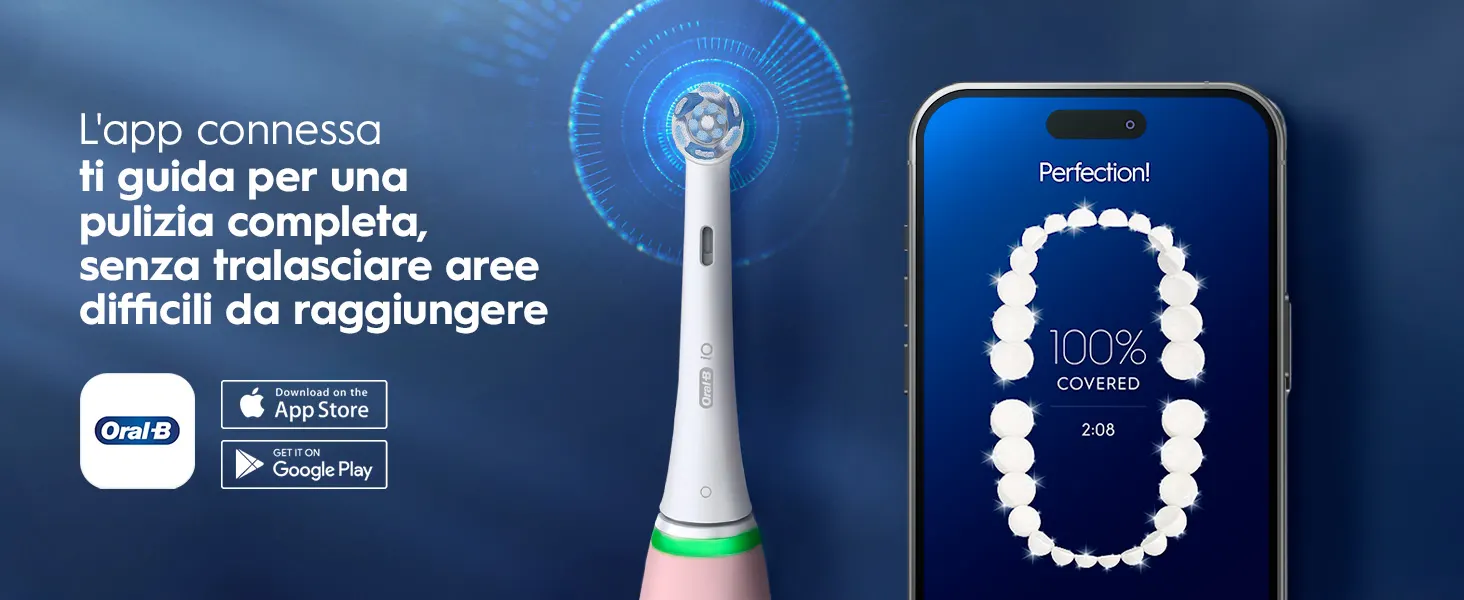 Spazzolino Oral-B con app che monitora la pulizia dentale, mostrando copertura 100% su smartphone. 