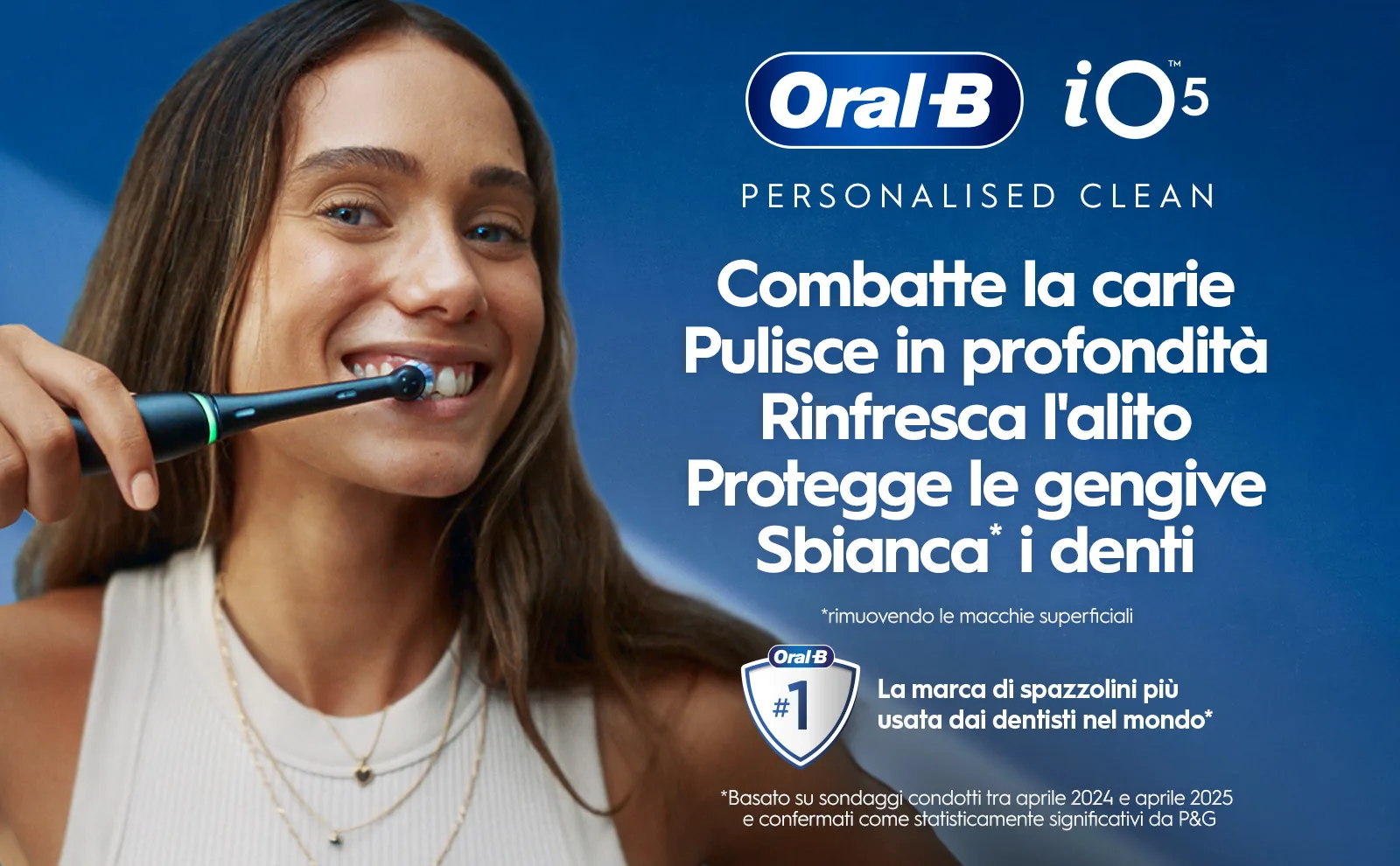 Pubblicità Oral-B iO5: spazzolino che combatte carie, pulisce, rinfresca e protegge gengive.