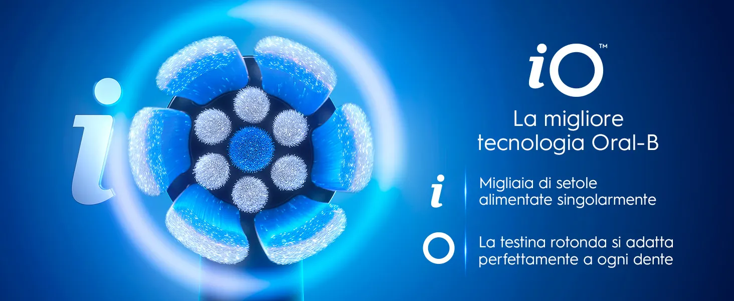 Testina rotonda Oral-B iO con setole blu, tecnologia avanzata per adattarsi perfettamente ai denti. 