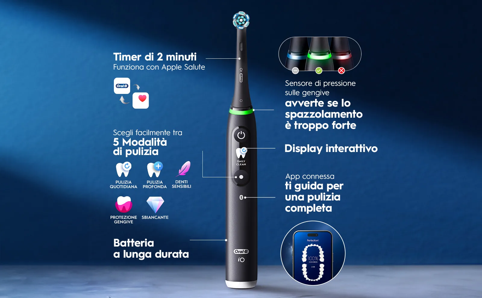 Spazzolino elettrico con timer, sensore pressione, display e app connessa per pulizia completa. 
