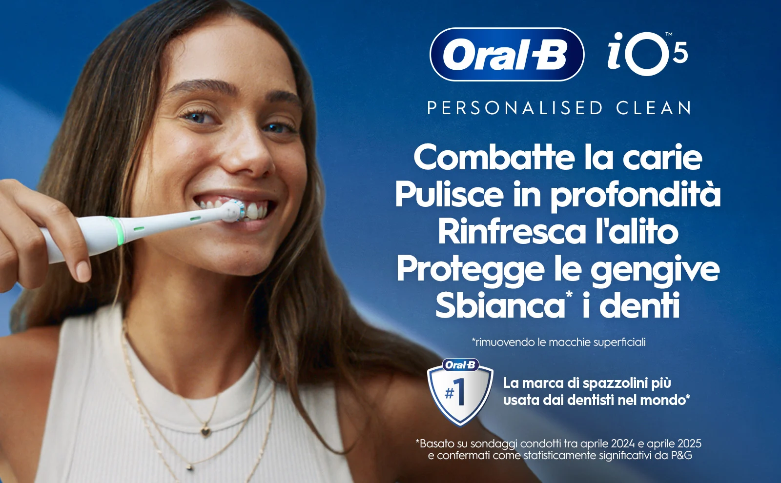 Pubblicità Oral-B iO5: spazzolino che combatte carie, pulisce, rinfresca e protegge gengive. 