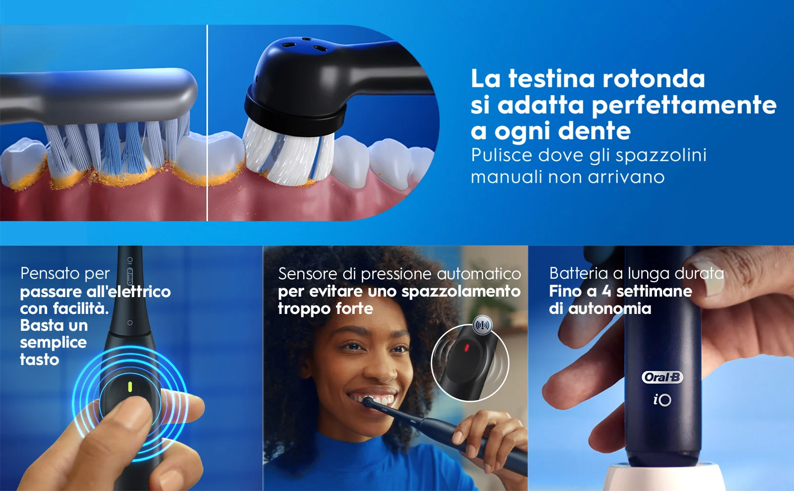 Pubblicità: spazzolino elettrico con testina rotonda, sensore pressione e batteria duratura 