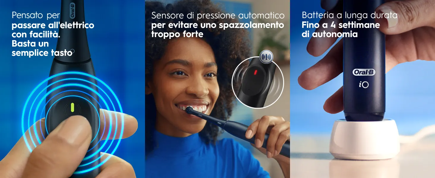 Spazzolino elettrico con tre funzionalità: facile passaggio, sensore di pressione e lunga durata.