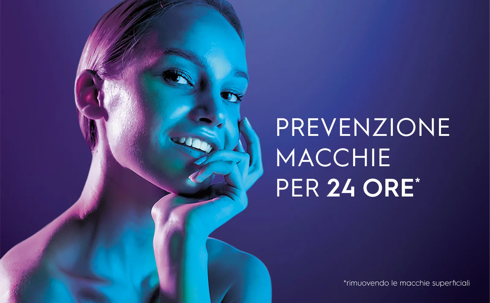 Un'icona di dente con un bagliore suggerisce la prevenzione delle macchie per 24 ore.													 