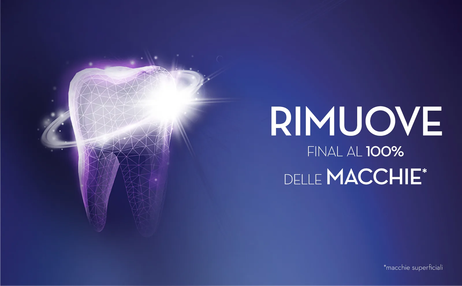 Un'icona di dente con una freccia luminosa suggerisce il rapido effetto sbiancante del dentifricio.													 