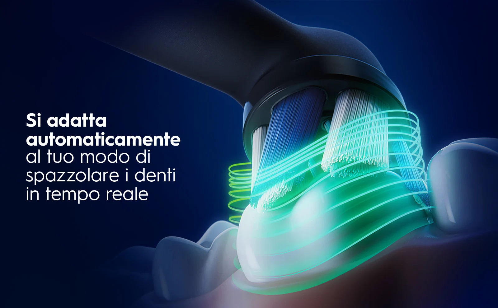 Spazzolino elettrico con setole illuminate che si adatta allo stile di spazzolamento. 