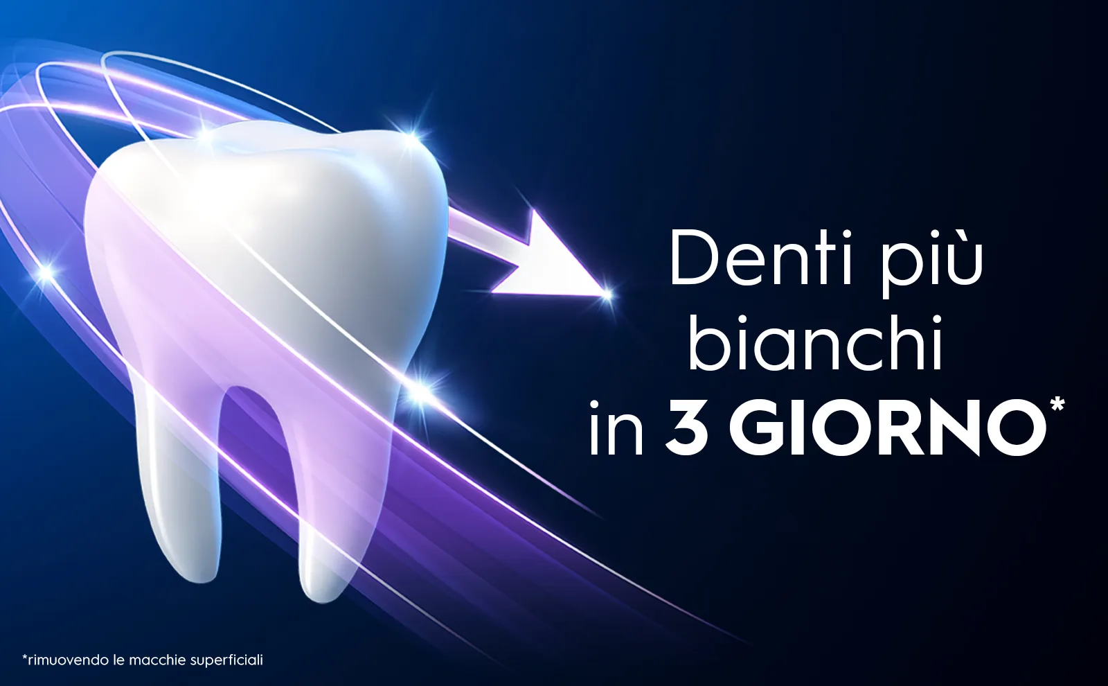 Un'icona di dente con una freccia luminosa suggerisce il rapido effetto sbiancante del dentifricio.	 
