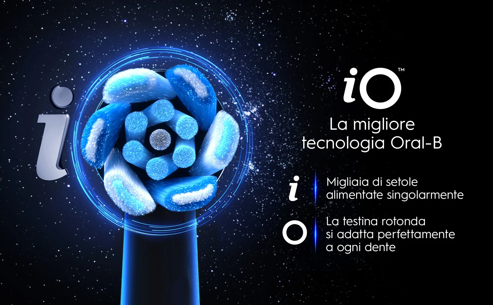 Testina rotonda illuminata dello spazzolino iO di Oral-B con tecnologia avanzata su sfondo stellato 