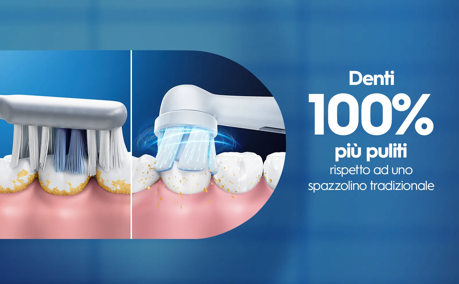 Vista affiancata di pulizia dei denti eseguita con spazzolino manuale ed elettrico. 