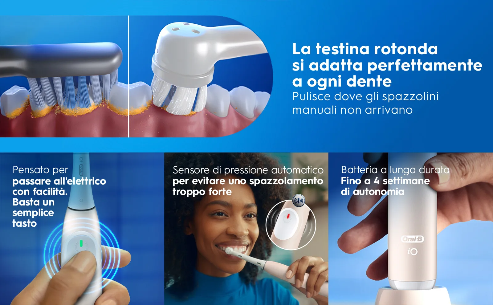 Pubblicità: spazzolino elettrico con testina rotonda, sensore pressione e batteria duratura 