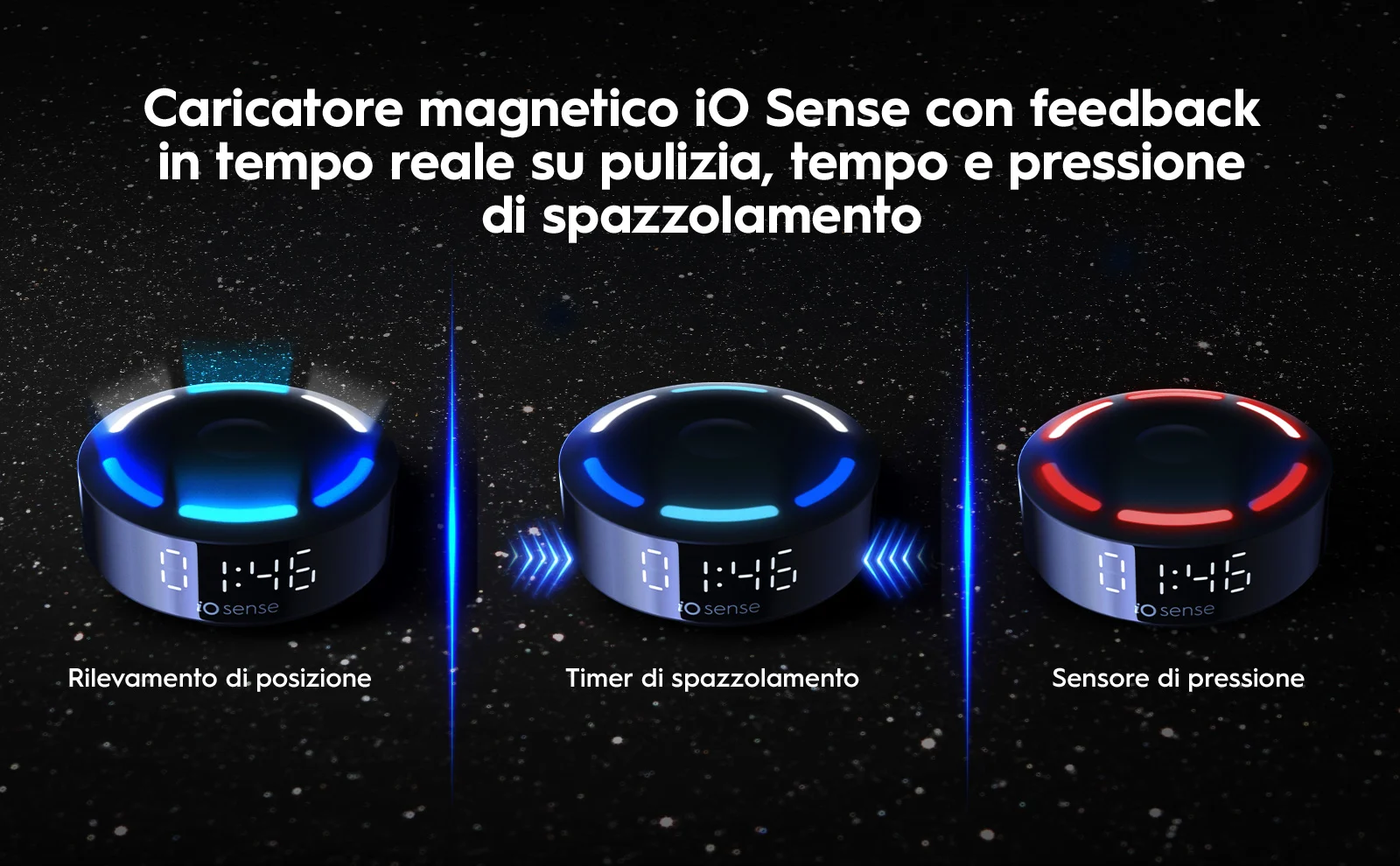 iO Sense con tre modalità: rilevamento posizione, timer e sensore pressione per spazzolamento. 