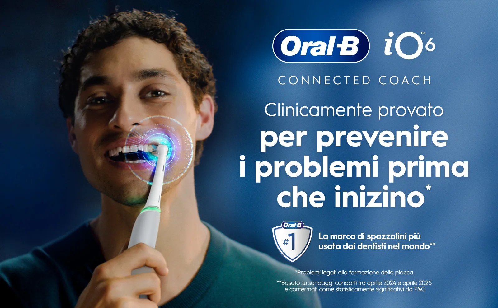 Pubblicità Oral-B iO6: persona usa spazzolino elettrico per prevenire problemi dentali