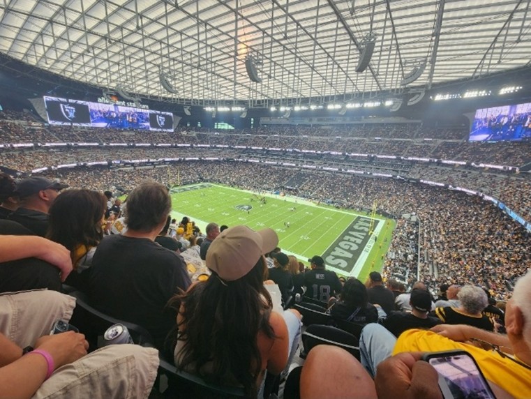 Members catch a football game at Allegiant Stadium in Las Vegas. View of the field and crowd from seats that are high up.