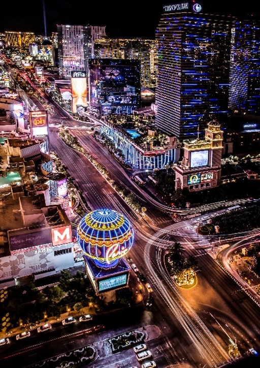Drone view of the dazzling Las Vegas Strip at night
