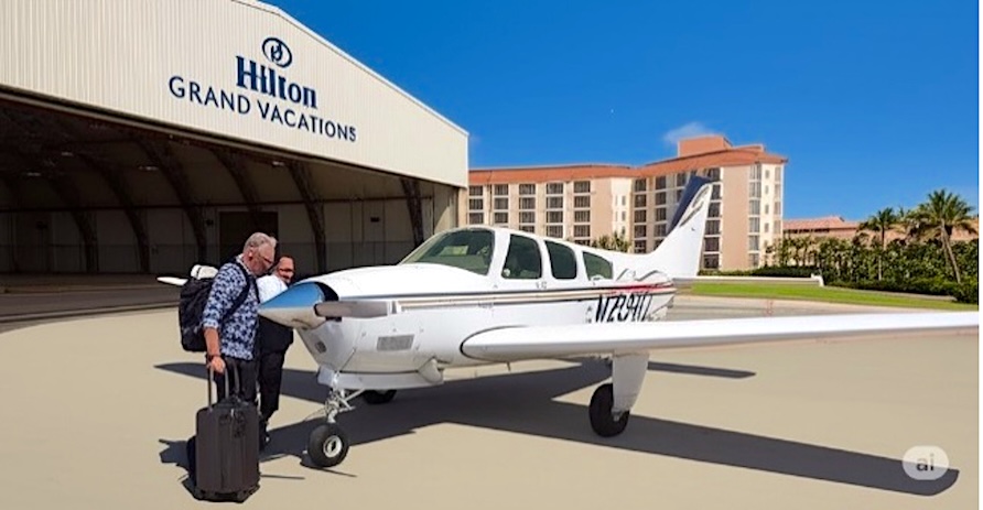 Two men standing in front of a private plane and Hilton Grand Vacations property.