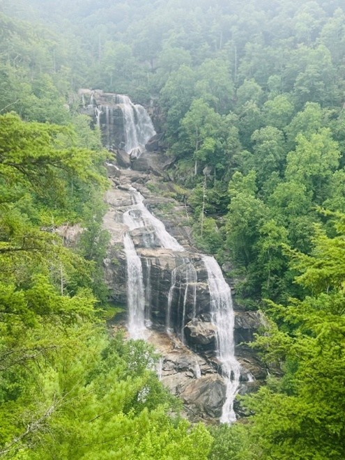 Whitewater Falls, the highest waterfall east of the Rocky Mountains, cascading over rock into the gorge below