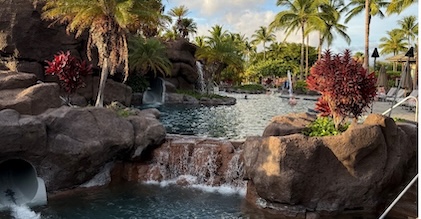 Resort lagoon pool with waterfalls, palm trees and rock formations.