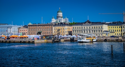 Historic South Harbor waterfront with Helsinki Cathedral, Finland 