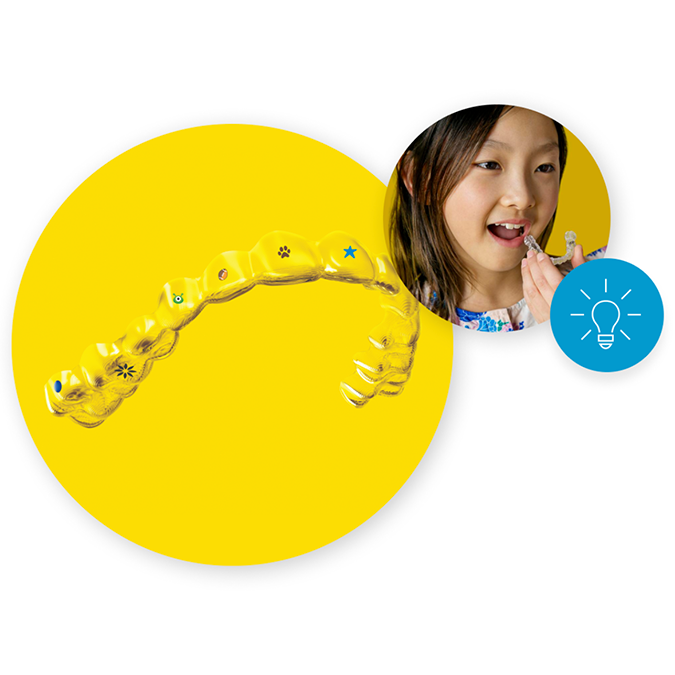Invisalign aligners for kids sample and little girl trying on her new Invisalign® aligners 