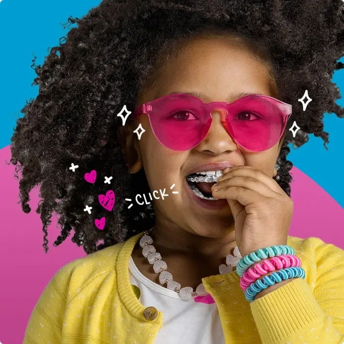Little girl with Invisalign® clear aligners on blue and purple background