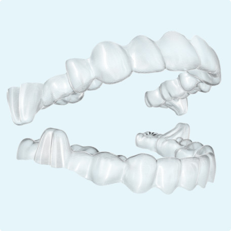 Invisalign mandibular advancement sample on aligners and light blue background