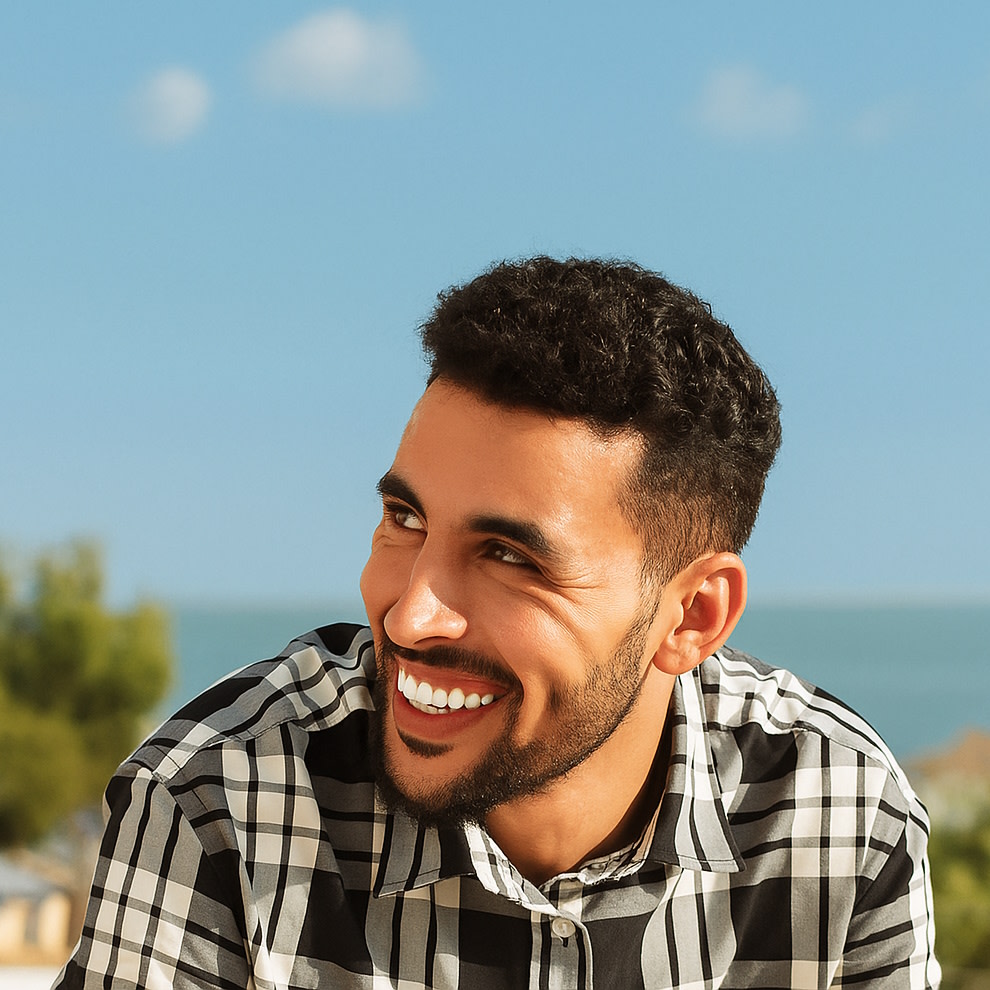 رجل يبتسم بثقة في الهواء الطلق بعد إكمال علاج Invisalign®