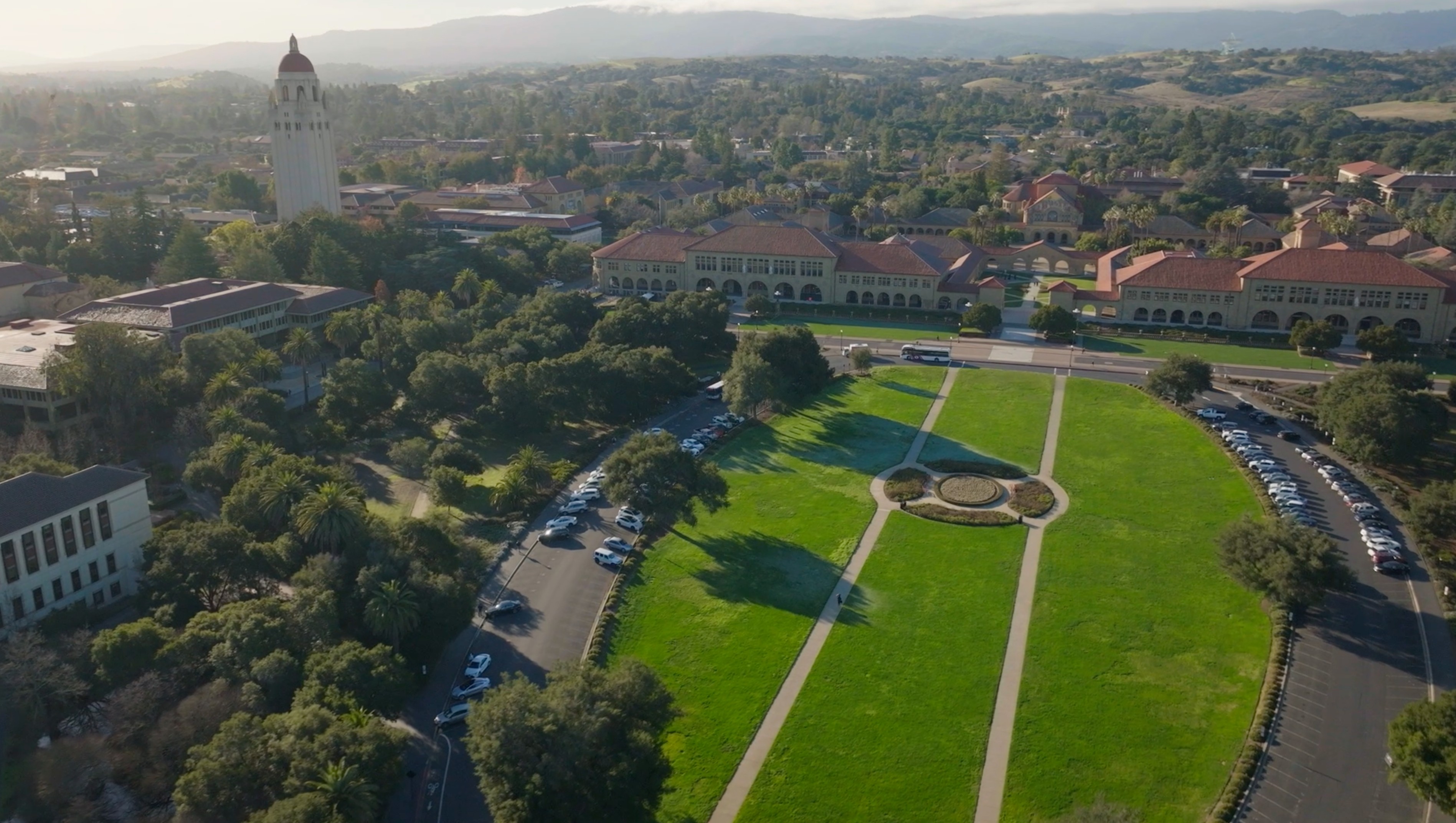 Aerial view of Stanford University campus with Hoover Tower, Eileen Gu Stanford student athlete X Games freeskier