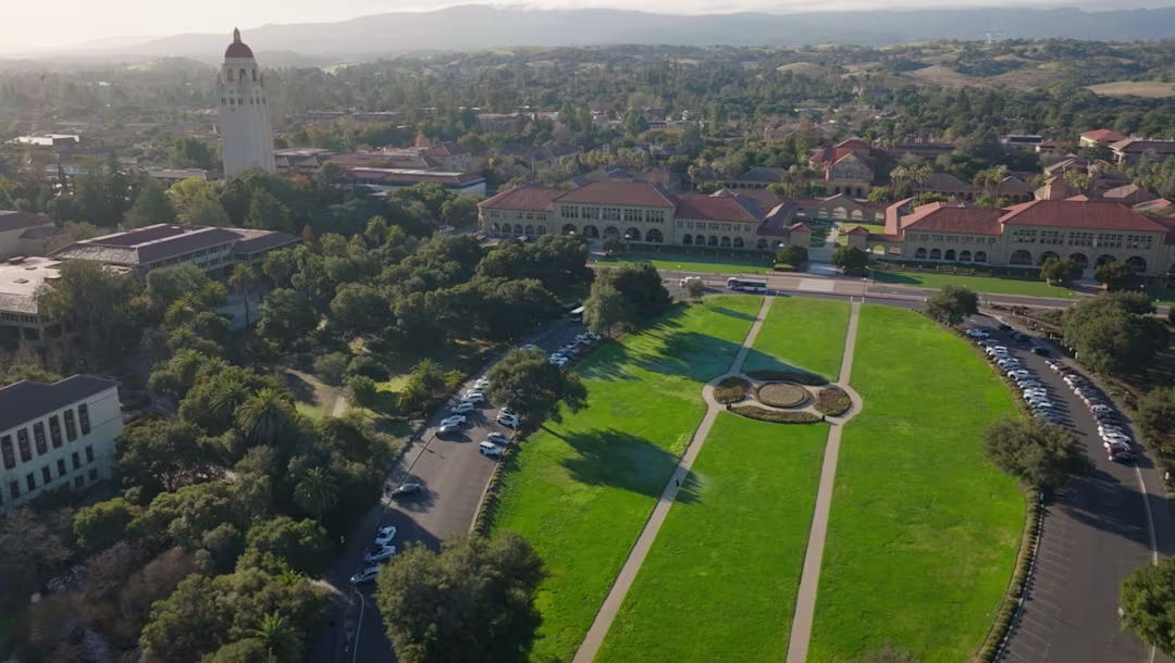 Aerial view of Stanford University campus with Hoover Tower, Eileen Gu Stanford student athlete X Games freeskier
