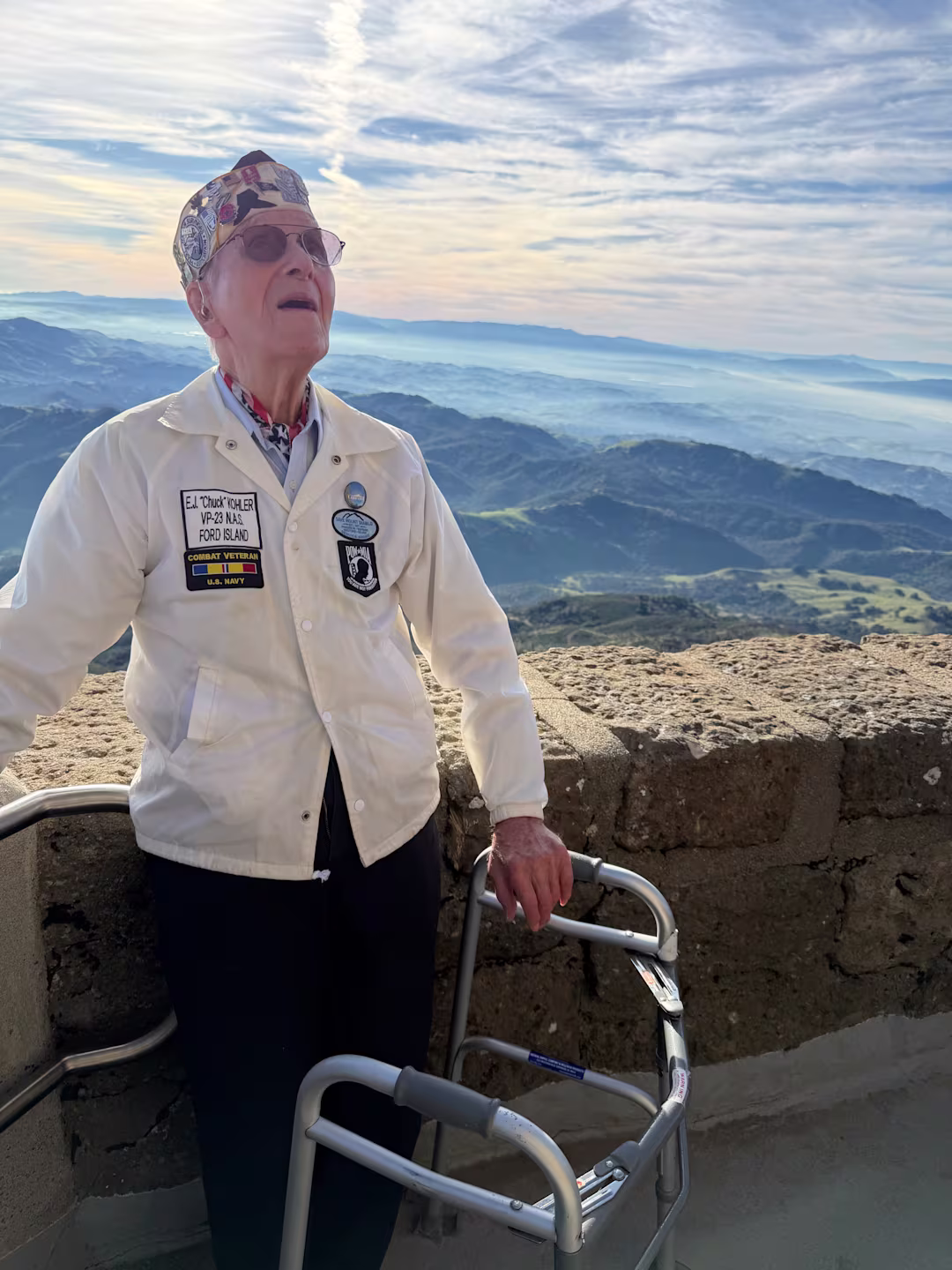 Pearl Harbor survivor Chuck Kohler looking out over the San Francisco Bay Area from the Mount Diablo summit at sunrise