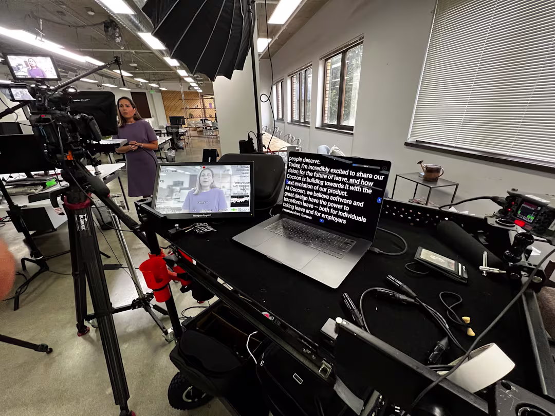 Presenters delivering clear, consistent messaging with teleprompter support during a corporate video shoot by The Bureau Media in the San Francisco Bay Area.