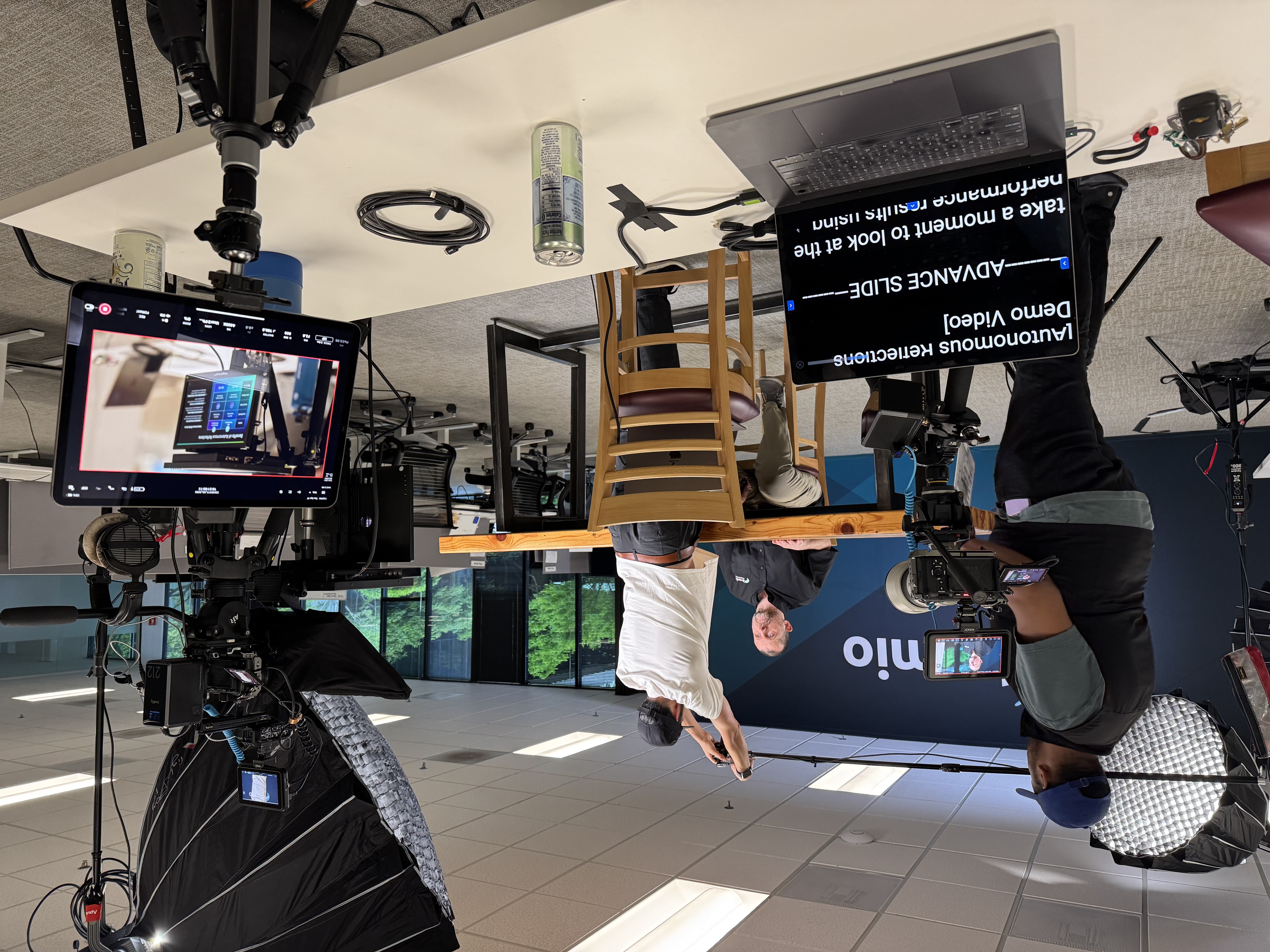 A professional cinema camera with a mounted teleprompter that enables natural eye contact and a conversational on-camera delivery, used by The Bureau Media for Bay Area corporate video production.