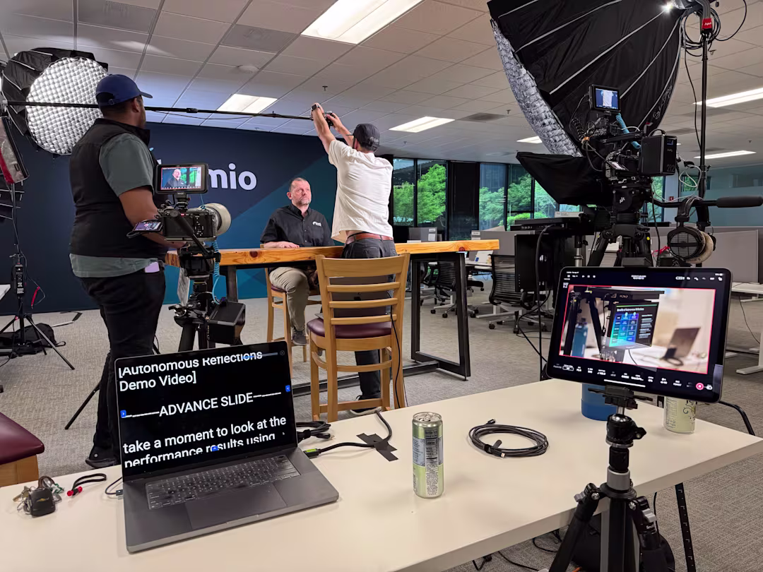 A professional cinema camera with a mounted teleprompter that enables natural eye contact and a conversational on-camera delivery, used by The Bureau Media for Bay Area corporate video production.