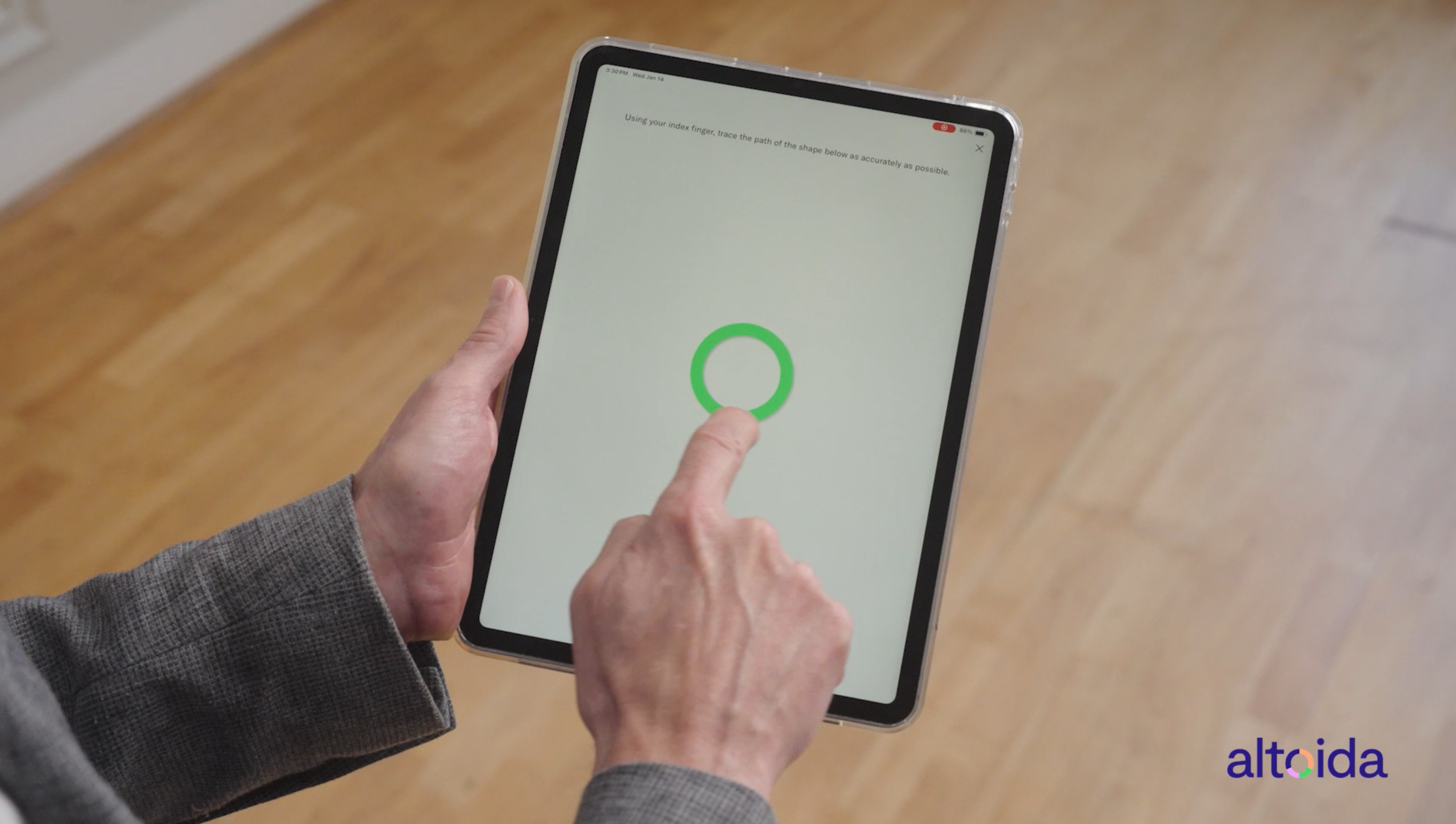 Professional product demo thumbnail for  Altoida￼ showcasing digital cognitive assessment technology on a tablet device. Cinematic healthcare and AI-focused visual highlighting early detection, neurological screening, dementia research, and interactive mobile health technology. Produced by  The Bureau Media￼ for biotech, healthcare innovation, and medical technology marketing content. Ideal for use in corporate video production, AI healthcare campaigns, product demonstrations, digital health storytelling, and med-tech brand promotion.