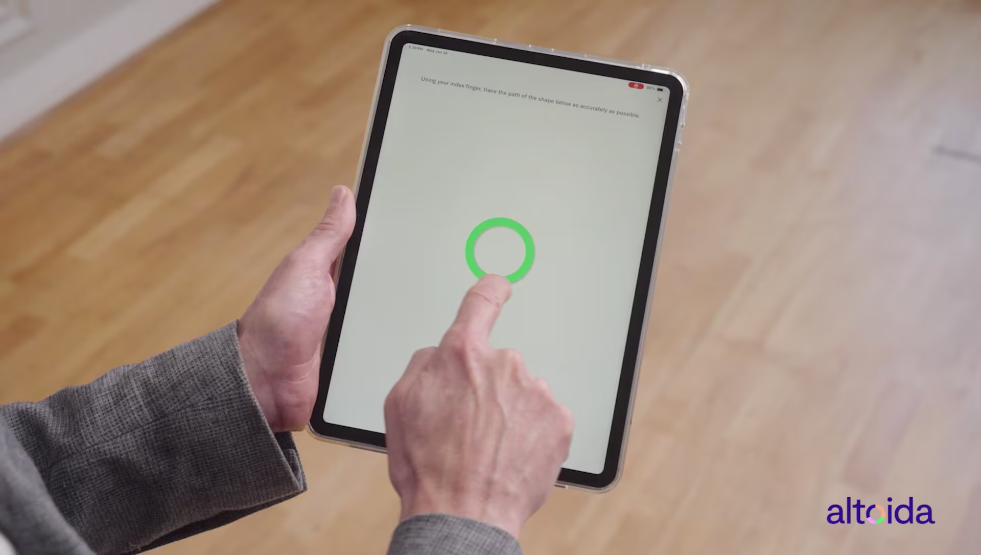 Professional product demo thumbnail for Altoida showcasing digital cognitive assessment technology on a tablet device. Cinematic healthcare and AI-focused visual highlighting early detection, neurological screening, dementia research, and interactive mobile health technology. Produced by The Bureau Media for biotech, healthcare innovation, and medical technology marketing content. Ideal for use in corporate video production, AI healthcare campaigns, product demonstrations, digital health storytelling, and med-tech brand promotion.