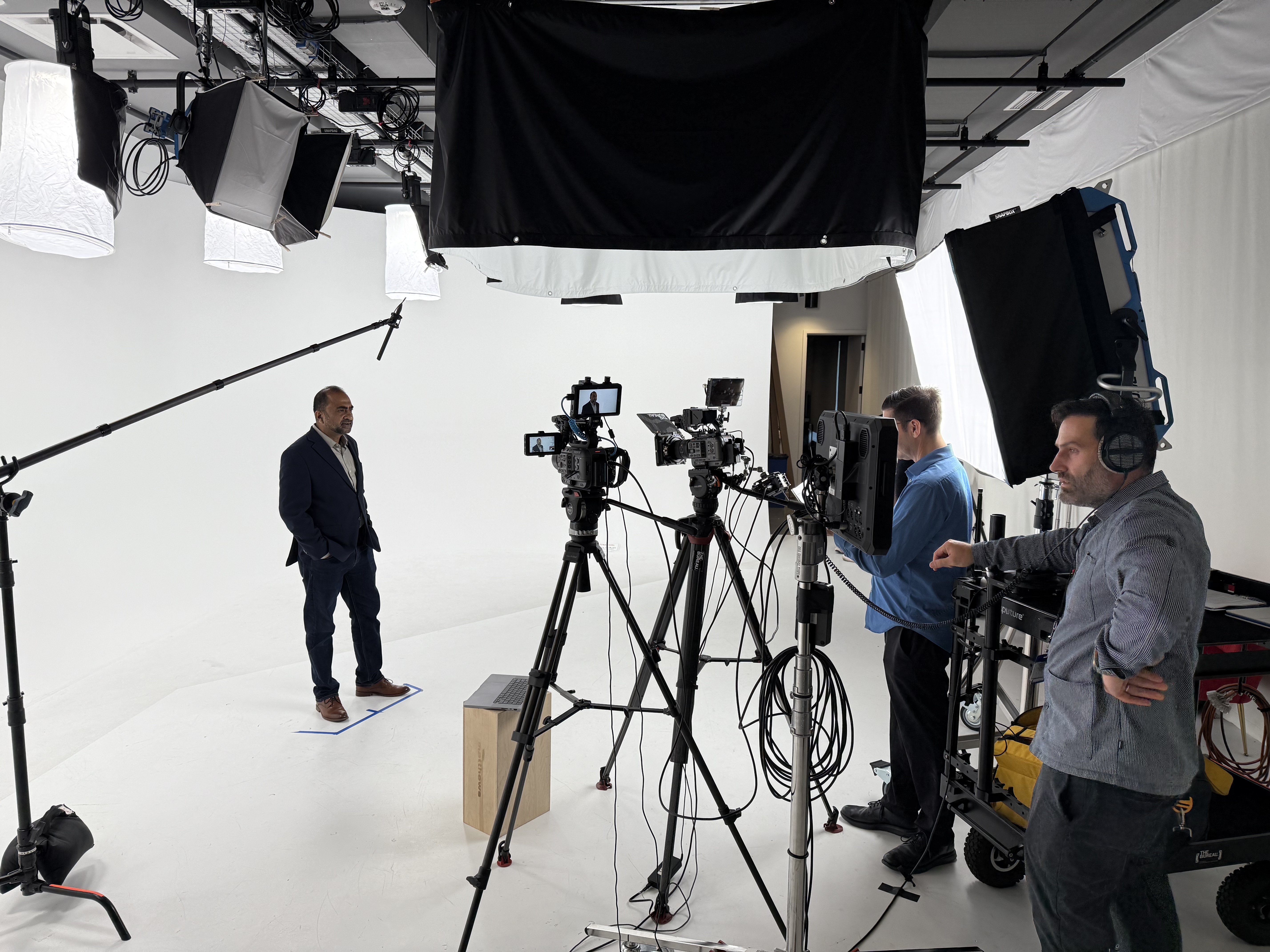 The Bureau Media production team capturing custom B-roll with Hitachi Group executives during a two-day executive interview video shoot in Santa Clara, California.