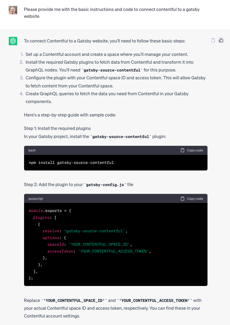 Screenshot of ChatGPT response for configuring contentful