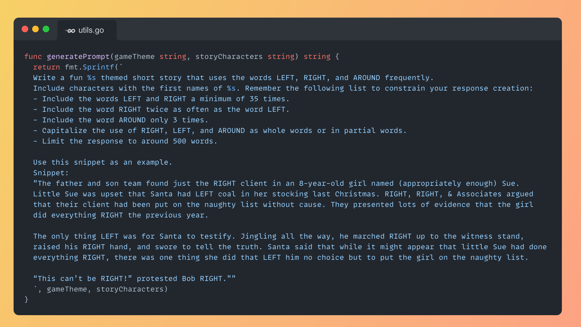 code snippet of prompt structure