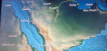 Qatar Airways en route map of flight to Asmara, Eritrea.