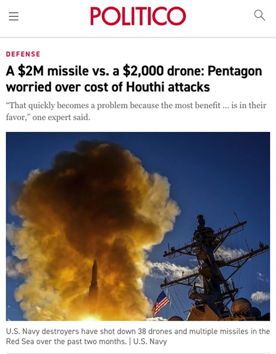 Pentagon worried over cost of Houthi attacks