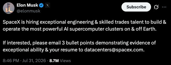 Elon Musk Tweet Space X is hiring