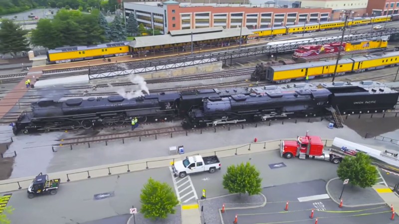 Big Boy No. 4014 alongside his brother, non-working engine No. 4012, at Steamtown National Historic Site. Credit Dept. of Interior.