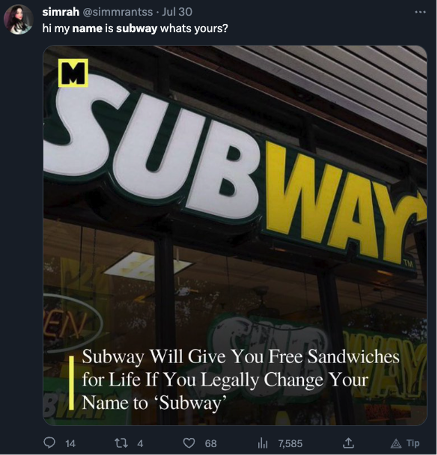 Subway Tweet