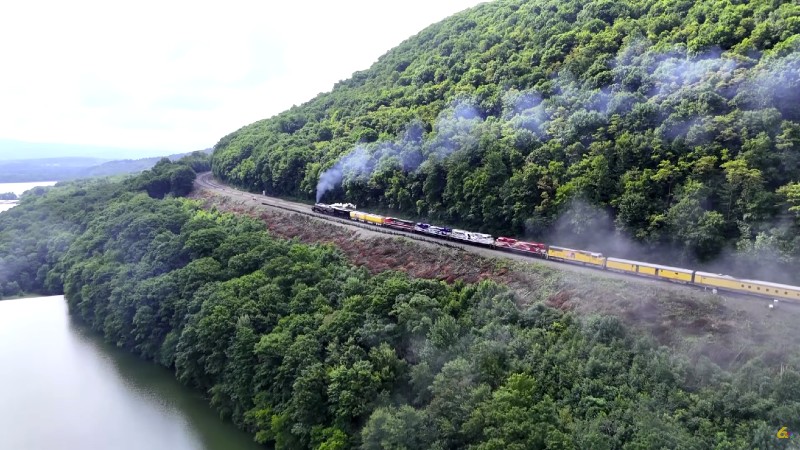 Big Boy ascends Horseshoe Curve, near Altoona, Pennsylvania. Credit WJACTV.