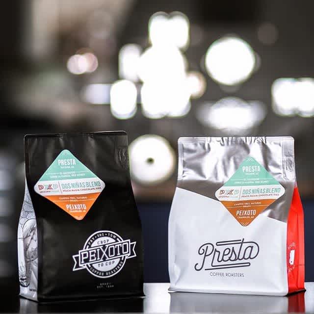 Love this collaboration of Peixoto x Presta! Featuring a natural nanolot from @peixotocoffee's family farm and @prestacoffee's red honey El Salvador from @anny_ruth's farm. #specialtycoffee #coffeecommunityrocks #greatbrandsgreatpackage #coffeepackaging #c